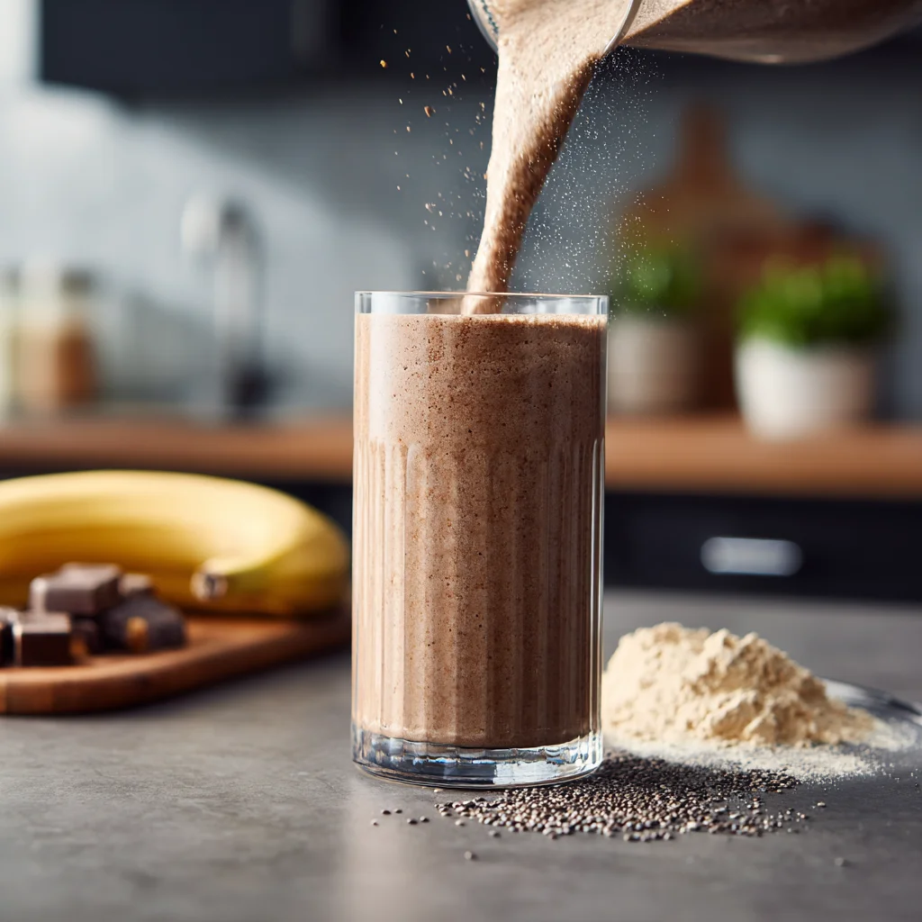 Smoothie poured with protein and chia nearby