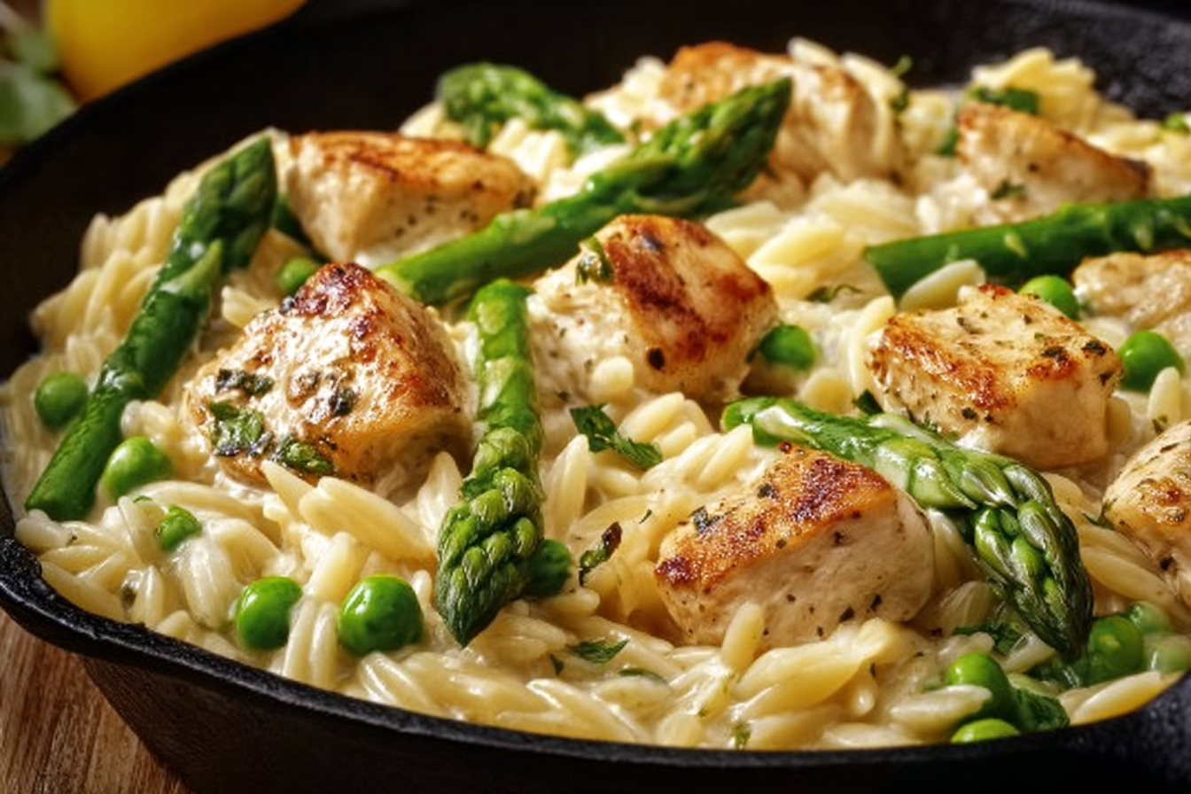 Creamy Lemon Chicken Orzo with Asparagus