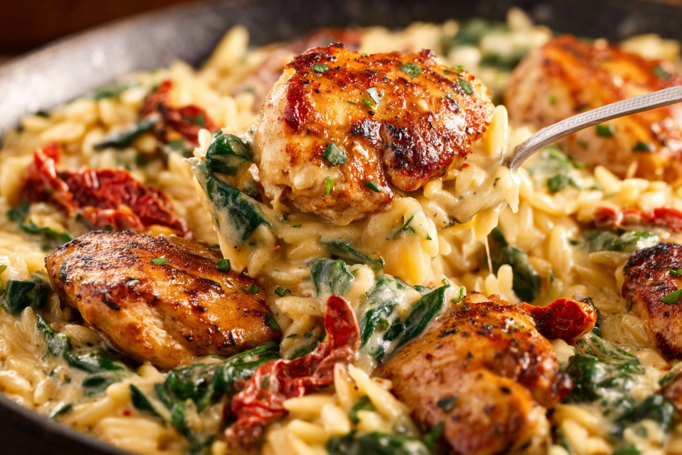 Creamy Tuscan Chicken Orzo Skillet is a must-try! 2 Creamy Tuscan Chicken Orzo Skillet