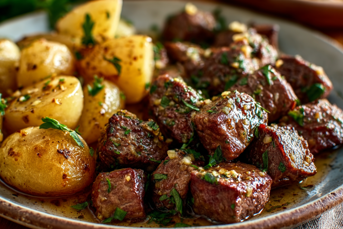 Garlic Butter Steak Bites with Roasted Potatoes
