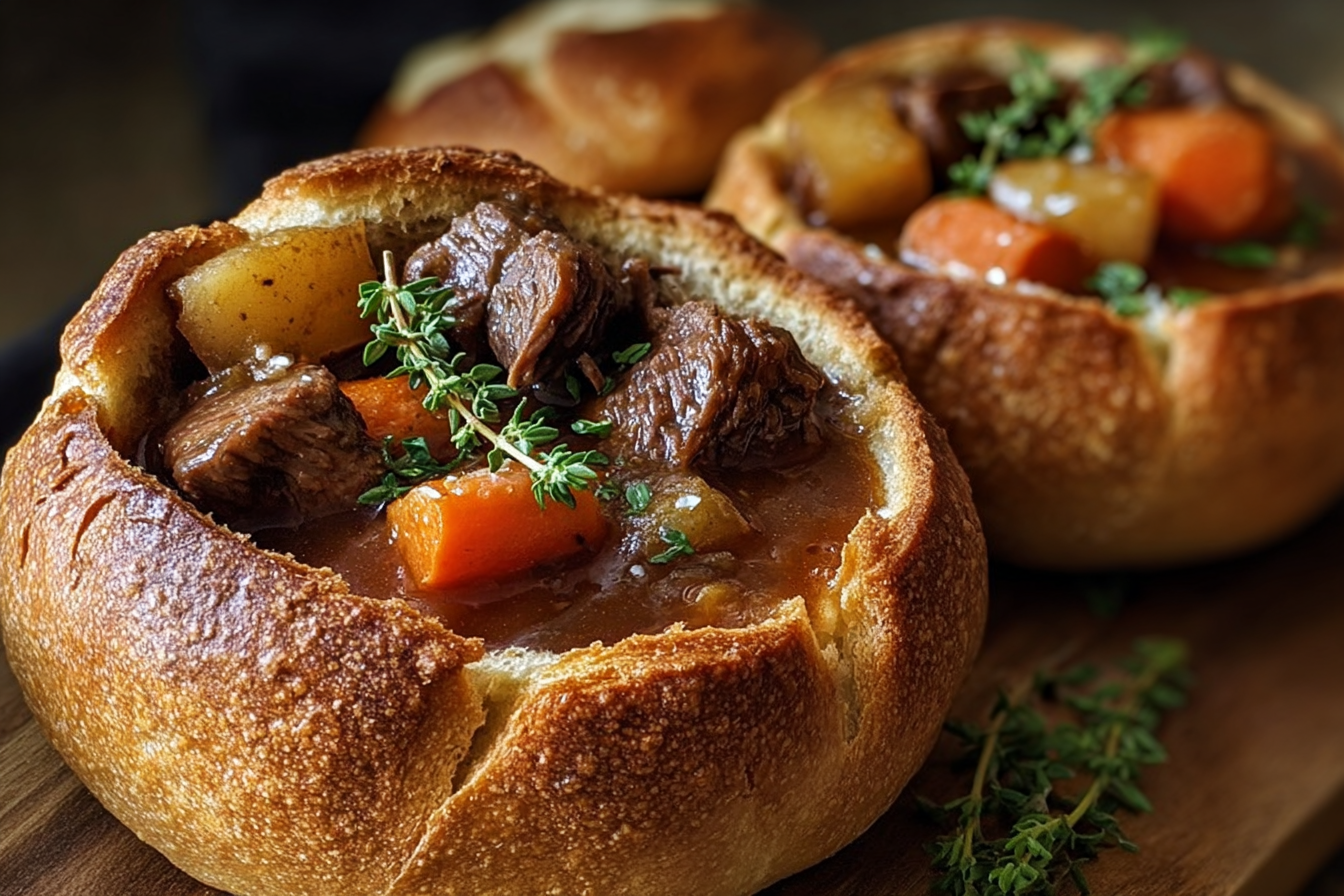 Hearty Beef Stew in Bread Bowls