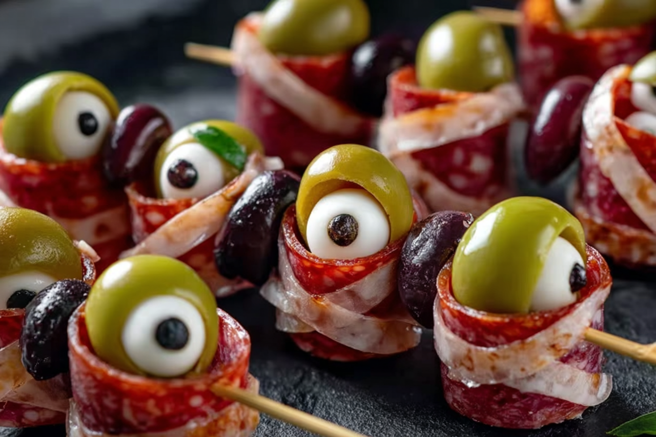 Spooky Salami Eyeball Skewers